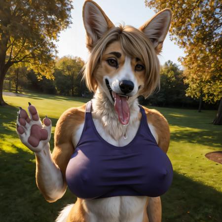 bust shot, detailed London park setting, warm lighting, (solo:1.3),
BREAK, staring into the camera, 20 years old, anthro dog corgi female with tan and white fur, muscular, lean build, fluffy tail, brown eyes, (short blonde hair, bob cut hairstyle), dog snout, canine teeth, fangs, (extremely long canine tongue, drooling, drool flowing from tongue), (realistic fur, fur over body, detailed fur texture), (wearing a purple crop top, wearing blue jeans), large breasts, claws, hand paws, pink paw pads