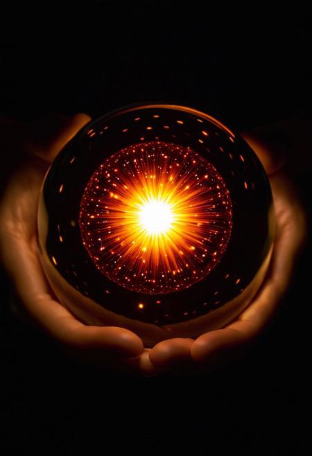 A brilliantly shining orb, radiating light as if holding the essence of a thousand suns within its core. The central subject is a glowing sphere floating in a sea of darkness. This mesmerizing image captures the allure and mystery of the cosmos, invoking a sense of wonder and awe in the viewer. The orb appears to be made of polished crystal, refracting the light in a dazzling display of colors that dance across its surface. The intricate patterns and swirling designs within the orb hint at hidden depths and secrets waiting to be discovered. This stunning depiction is sure to captivate and inspire all who gaze upon it.
 harmonious blend, ephemeral beauty,, dynamic shapes, hypnotic patterns, dark beauty, captivating narrative, visual storytelling, Lord of the Rings inspiration, portrait photography, diversity and interconnectedness