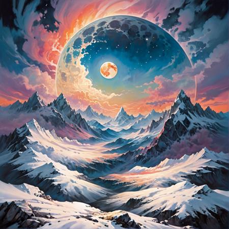 Zentangle extreme effect, landscape with Variegated splashes of color,
big full moon, Light transparent clouds, The mountains of the top are covered with snow, 
fantastical surrealism by Daniel Merriam, Joe Fenton,
ral-cnvctncrnts  <lora:ral-cnvctncrnts-sdxl:.25>, 
painted world <lora:Painted World-SDXL-000006:.5>, 
fractalvines  <lora:Fractal_Vines:.50>  <lora:RMSDXL_Creative:.80> <lora:RMSDXL_Enhance:.80>