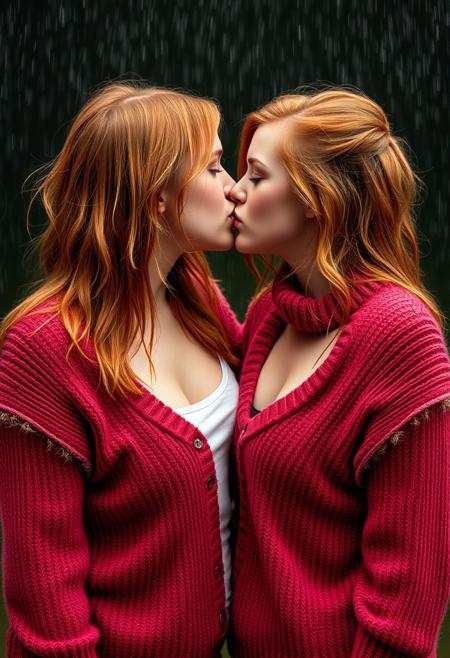 Slutty ginger twin women wearing tight and skimpy fuzzy sweaters, kiss while in a wet t-shirt contest, Canon R7, subsurface scattering, DSLR,