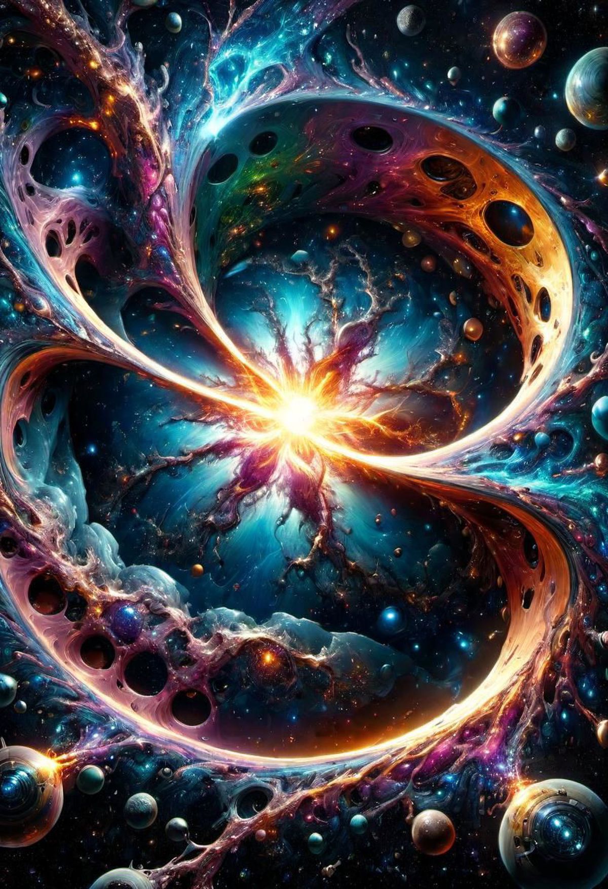 A vibrant and colorful artwork of a nebula, with a bright blue center and yellow and orange hues. The artwork showcases a spiral-shaped design and features a variety of stars and celestial elements.