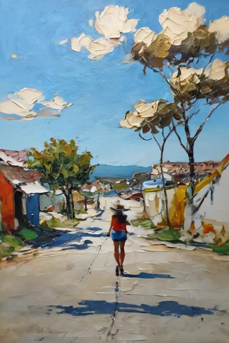 rick_thickoil, a painting of a woman walking on the road, <lora:Rick_ThickOil:0.9>