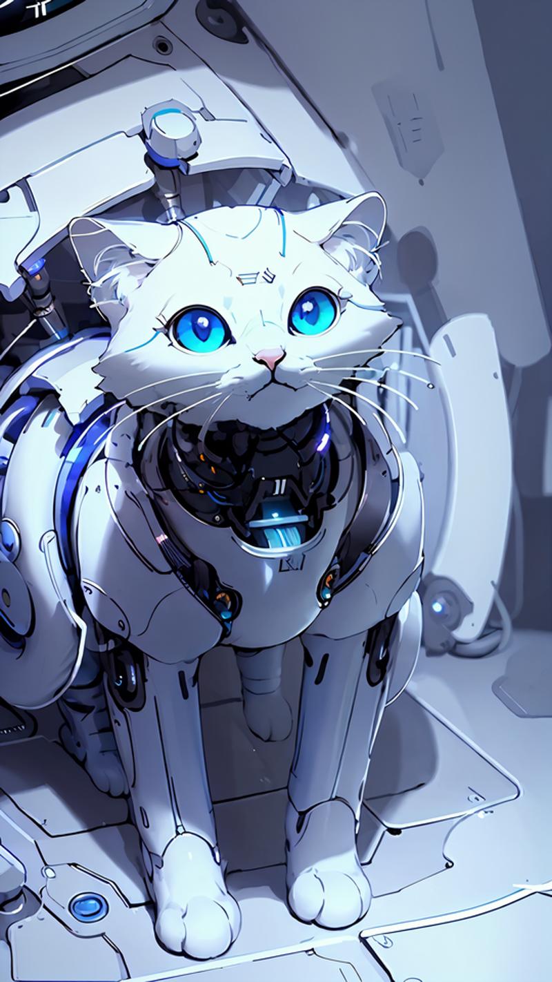 A white cat with blue eyes sitting on a machine.