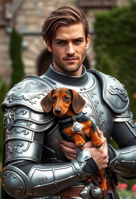 Beautiful muscular brown-haired man in full armor, slight smile, photograph style, dragon-patterned armor, silver armor, chainmail joints, holding the cutest dachshund puppy, castle garden background