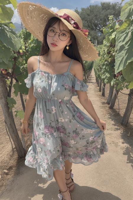 <lora:doll2:0.6>1girl,glasses, cowboy_shot,  Floral print sundress, Flat sandals, Straw hat, and dangle earrings., Sun-drenched vineyard with rows of grapevines