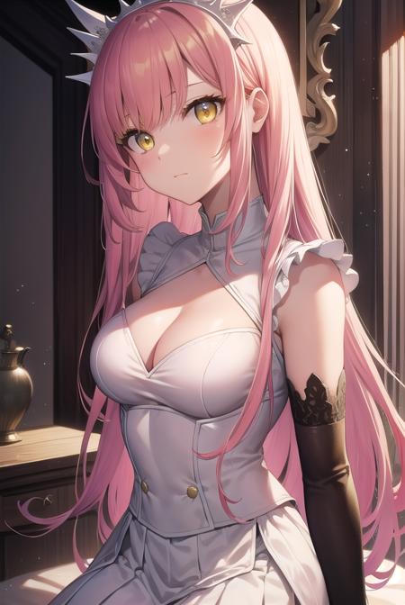 medb, <lyco:medb-lyco-nochekaiser:1>,
medb, long hair, pink hair, (yellow eyes:1.5),
BREAK elbow gloves, gloves, white gloves, dress, white dress, skirt, white skirt,
BREAK looking at viewer,
BREAK indoors, bed,
BREAK <lyco:GoodHands-beta2:1>, (masterpiece:1.2), best quality, high resolution, unity 8k wallpaper, (illustration:0.8), (beautiful detailed eyes:1.6), extremely detailed face, perfect lighting, extremely detailed CG, (perfect hands, perfect anatomy),