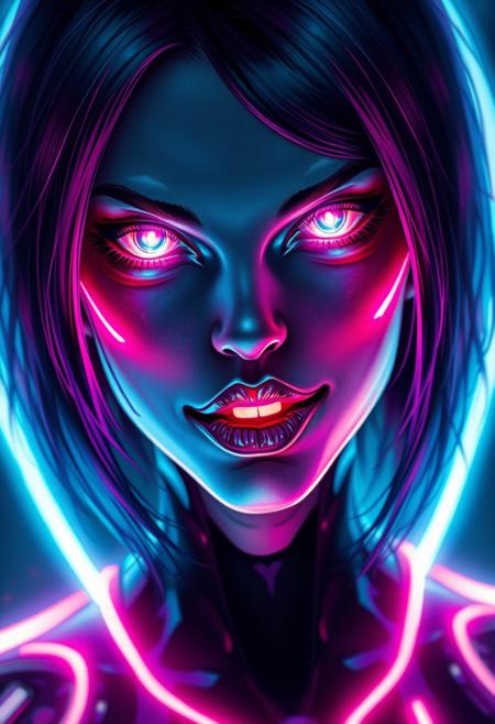 A gorgeous woman with a luminous digital aura lighting up the darkness, the ethereal figure of a digital painting evocative of a distorted human figure with vibrant neon eyes, (glowing eyes:1.1), heart shaped face, macabre appearance and a cunning smile. Vibrant hair. This stunning image is a digital painting, meticulously created with vibrant colors and striking details. Her sleek, futuristic design exudes a sense of otherworldly beauty, with glowing neon accents that seem to pulse with energy. Every pixel is carefully rendered, capturing the character's mysterious and alluring presence in exquisite detail. This mesmerizing image invites viewers to get lost in a dreamlike realm of imagination and technology. ((glowing neon lipstick)), masterpiece, highly detailed, harmonious colors, ((half body angle:1.5))