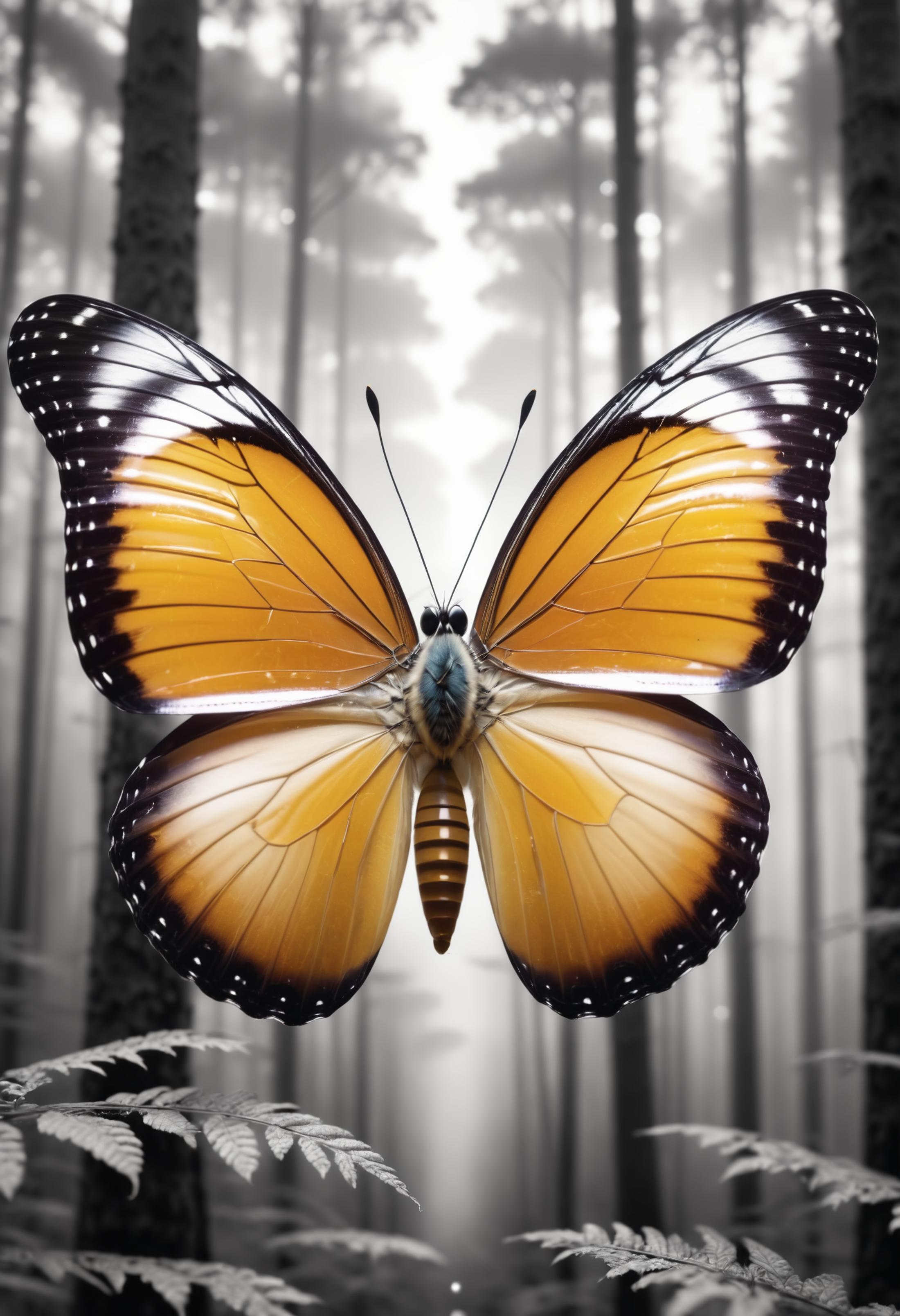 A large butterfly with black and orange wings is perched on a tree branch.