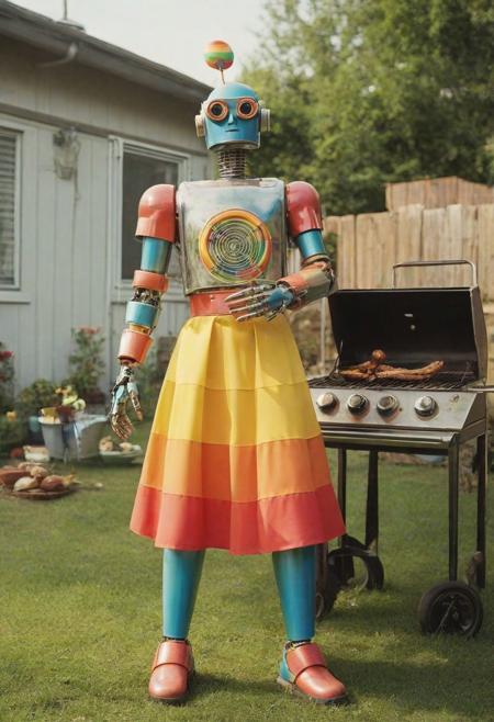 [Getty images quality, full-length photograph] , ((square_headed_retrofuturistic_robot) (wearing a rainbow coloured sun dress), (cooking food on a barbecue), (on a warm afternoon), (in the backyard of a suburban house), [photographed on 35mm film, and colorised with technicolor, (using experimental lenses)],  realisticvision-negative-embedding, epiCRealism, PA7_sdxl-Photo