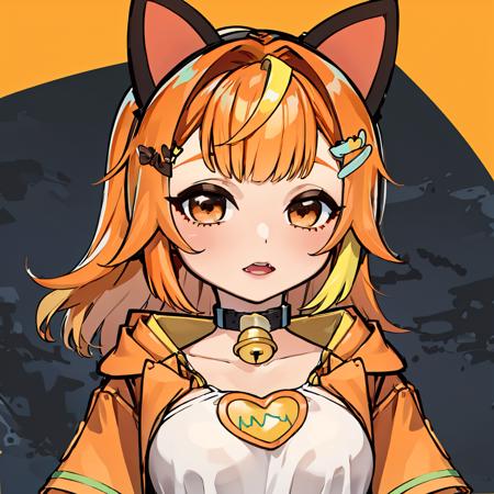 1girl, solo, hood, orange jacket, bell, hair ornament, neck bell, clothing cutout, orange hair, brown eyes, hoodie, streaked hair, bangs, jacket, blonde hair, orange hoodie, hairclip, animal hood, short sleeves, choker, medium breasts, heart cutout, fake animal ears, cat hair ornament, jingle bell, black shirt, <lora:AkatsukiBanMai:0.7>