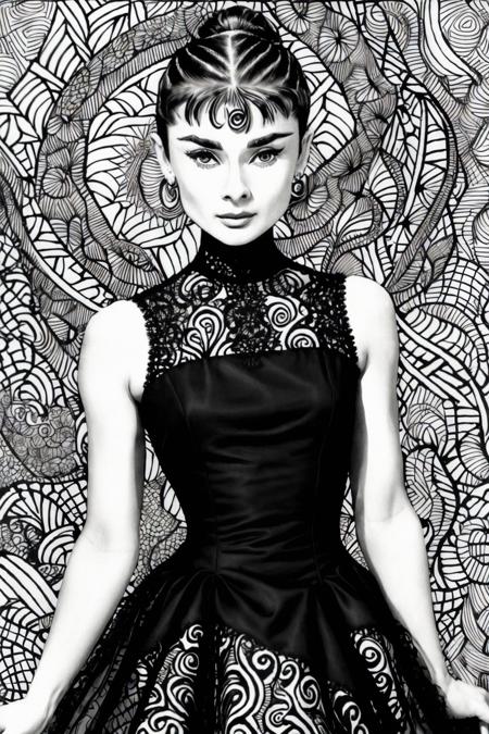 (zentangle style, patterned, intricate, detailed, black and white:1.2) upper body <lora:AudreyHepburn_v1-000030:.9> AudreyHepburn, focus on face, wearing a tulle dress , her cranberry color hair is styled as curly ponytail,