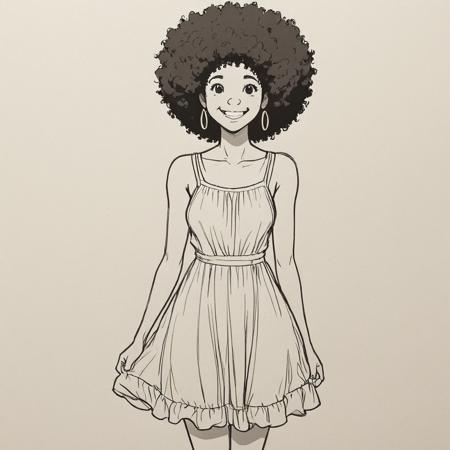 pixlineart, sketch, drawing, african woman with afro, wearing sundress, smile, simple anime style, 2D, Cartoon Rendering