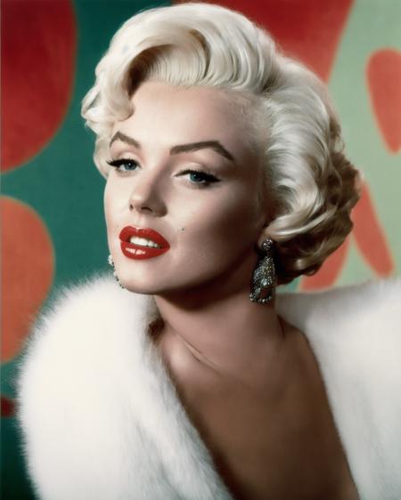 marilynmonroe <lora:marilynmonroe:0.6>, Best quality, masterpiece, ultra high res, (photorealistic:1.4), 1girl, a woman with a red lipstick and a white fur coat on her head and a velvet background