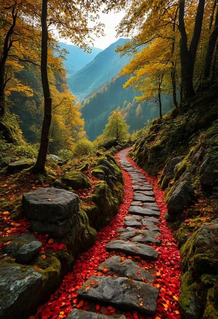ultra HD, high quality, 4K, score_9, score_8_up, score_7_up, photo, extremely detailed, 8k, high quality, Source_photo, real photo, sharp, highly detailed and hyper realistic,masterpiece, The image depicts a serene and picturesque forest scene. A stone path winds through the center of the image, leading into the distance and distant canyon. The path is composed of irregularly shaped stones, some of which are covered with moss and surrounded by vibrant red leaves and carpet plants. The leaves are scattered across the stones and the ground, creating a colorful carpet. On either side of the path, there are lush green plants and moss-covered rocks. The forest is dense with tall trees, their branches adorned with bright yellow leaves that catch the sunlight. The light filters through the canopy, casting a warm glow over the scene and creating a sense of depth and tranquility. In the background, the forest opens up to reveal a mountain peak, partially shrouded in mist, adding a mystical quality to the landscape. The overall atmosphere is peaceful and inviting, suggesting a place of natural beauty and serenity., fantasy, score_9, psychedelic art, extremely sharp focus, light leaks, unusual colors, abstract multilayer texture, by Abigail Larson , detailmaximizer, midjourneyv6.1,