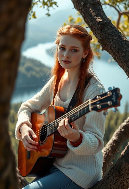 A surreal and hyper-realistic scene featuring a classical beauty with beautiful ginger hair, wearing blue jeans and a white jumper. The intricate details of her attire are highlighted, set against a dreamy, ethereal lake background. The scene is illuminated with soft, magical lighting, enhancing the otherworldly and enchanting atmosphere, sitting in a tree overlooking the forest and lake, playing an acoustic guitar. It is sunny.
surreal, hyper-realistic, classical beauty, blue jeans, white cozy jumper, beautiful (deep dark brown) eyes, pale white skin, pale skin, intricate details, dreamy background, ethereal, warm magical lighting, warm lighting, enchanting, visually stunning, high quality, detailed, sharp clarity, breathtaking, elegant, graceful, relaxed, small gentle smile, cute, redhead, sexy, cute hairstyle with some small cute braids and flowing hair, 
looking at viewer, long hair, pretty girl, small medium breasts, beautiful girl, holding an acoustic guitar, playing an acoustic guitar,