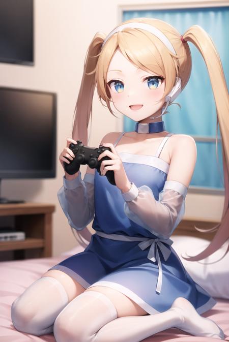 rtachan,blue dress,twintails,bedroom,seiza,holding controller,television,detached sleeves,white thighhighs,smile,closed mouth,long hair, (game controller:1.2), <lora:rtachan:1>