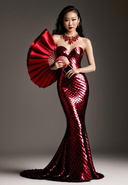 Create a fp1 high fashion editorial photograph of a stunning ((Aiko Tanaka:1.0)), Japanese woman, long black hair, sfw. She wearing an extraordinary haute couture design crafted from artfully arranged scales. The gown should feature a gradient of scaleboundsdxl scales with blood-red and crimson at the neckline, transitioning to deep burgundy and ruby at the bodice, then flowing through pearl-white with rose-gold undertones, finally ending in black toward the trailing hem. Each scale should be meticulously placed to create organic patterns that accentuate the model's silhouette while catching light in mesmerizing ways. Include sculptural earrings resembling stylized fish fins rendered in metallic red, and an avant-garde clutch purse adorned with precious scales in ruby and carnelian hues. The lighting should create dramatic shadows while highlighting the fiery reflections from the red scales, suggesting both luxury and danger. The overall composition should evoke the refined aesthetic of Vogue or Harper's Bazaar, photographed with the technical brilliance of Paolo Roversi or Tim Walker, creating an image of absolute luxury and high fashion artistry.negativeXL_D, fp1, scaleboundsdxl, cowboy shot,