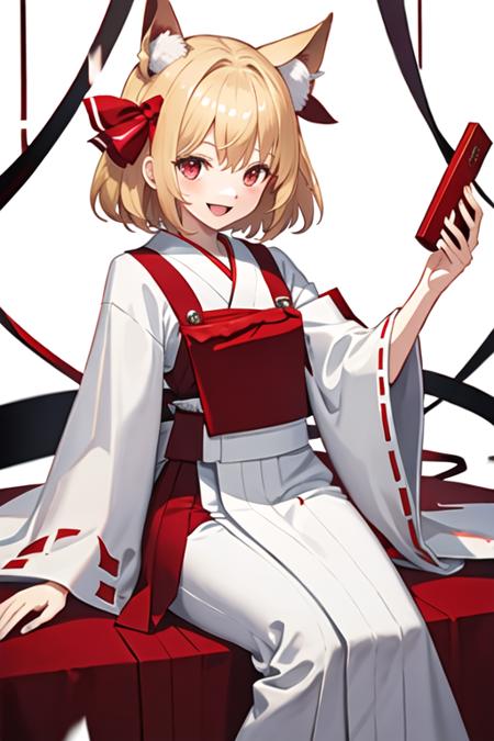 best quality, masterpiece, highres, solo, {white kimono:1.35}, {red hakama:1.35}, {wide sleeves:1.20}, {rumia_touhou:1.15}, blonde_hair, ribbon, short_hair, hair_ribbon, red_eyes, vest, smile, open_mouth, red_ribbon, ascot