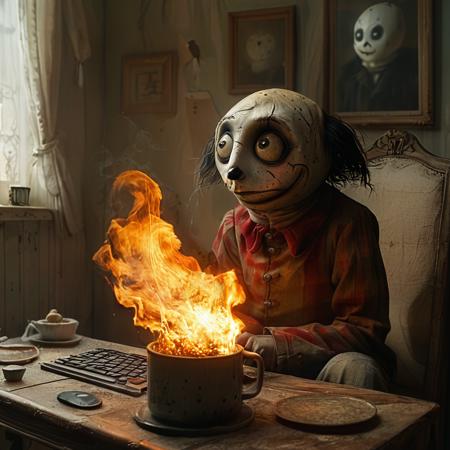 cinematic still masterpiece, best quality, a crazy clown looking at a computer which is on fire, he is watched by a cute puppy, illustration, style of Anton Semenov . emotional, harmonious, vignette, 4k epic detailed, shot on kodak, 35mm photo, sharp focus, high budget, cinemascope, moody, epic, gorgeous, film grain, grainy, masterpiece, best quality, a crazy clown looking at a computer which is on fire, he is watched by a cute puppy, illustration, style of Anton Semenov, beautiful, magic, intricate, epic, cinematic, highly detailed, creative, perfect composition, sharp focus, clear artistic color, elegant, rich deep vivid colors, ambient background, dynamic light, aesthetic