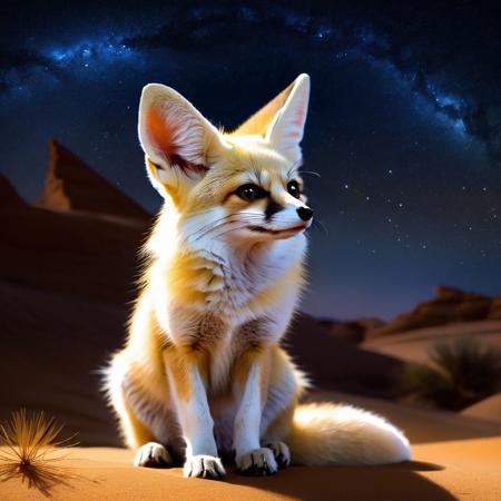 Fennec fox sits quietly in the desert at night, looking at the stars. --no "very painting style" --ar 9:16 --v 6.0