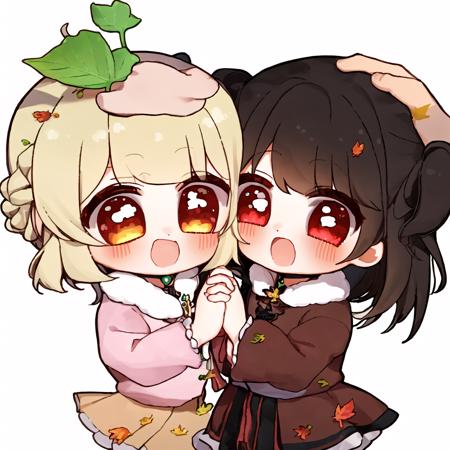 (masterpiece:1,2), best quality,none,
multiple girls, 2girls, green eyes, brown hair, red eyes, holding hands, leaf, hand on another's head, interlocked fingers, black hair, headpat, looking at viewer, background, upper body
 <lora:Chibi_kawai:1>