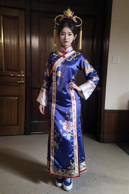 best quality, masterpiece, (photorealistic:1.4), 1girl,full body,the chinese manchu qizhuang,the chinese manchu headdress,<lora:qizhuang:0.5>,