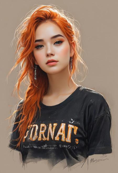 Midjourney, MJ, Midjourney style, Pastel, drawing with dry chalkposter, manga, anime, 
score_9, score_8_up, score_7_up,source_anime,1girl,solo,orange hair,long hair,dreadlocks,headband,ear,hair behind ear,hazel eyes,perfecteyes,mole under eye,eyebrows,fishnet tshirt,bra,black tshirt,midriff,sinozick,flat colors