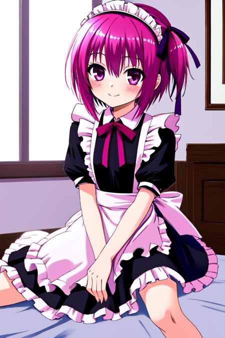 masterpiece, best quality, absurdres, ultra-detailed, indoors, <lyco:ro_kyu_bu_v4-000090:0.7>, minato tomoka, 1girl, solo, blush, smile, short hair, sitting, one side up, maid, maid headdress