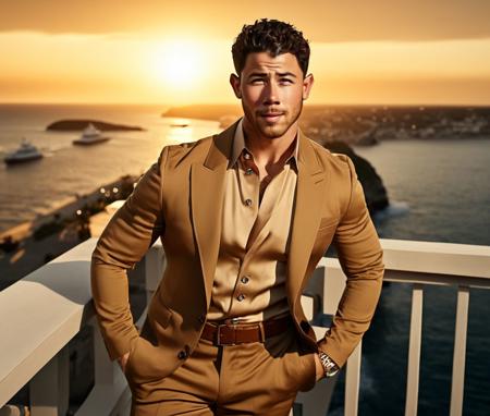 Nautical-themed (Photo:1.3) of (Ultrarealistic:1.3) <lora:Man_Men_FFashion:1> nick jonas a man <lora:nick-jonas:1> in a tan suit standing on a balcony, sun behind him, inspired by Pablo Munoz Gomez, shot at golden hour, editorial photograph, midshot of a hunky, by Roman Bezpalkiv, by Artur Tarnowski, maxim sukharev, by Gabor Szikszai,Highly Detailed,(Mono Color:1.3) . Sea, ocean, ships, maritime, beach, marine life, highly detailed