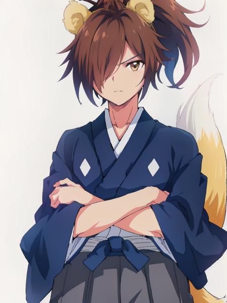 Pop hair over one eye, ponytail  japanese clothes, blue shirt, belt, gray pants, sleeves past wrists