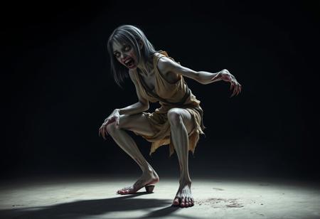 A full-body character portrait viewed from the knees up, set against a dark, shadowy background with ample negative space around the figure, illuminated by a faint, eerie backlight.
The subject is a zombie girl depicted in a slightly exaggerated and hyperbolized style. Her tattered, bloodstained clothes cling loosely to her decayed frame, while her bare feet press into the ground with unsettling realism. Her grotesquely twisted posture reveals a deeply contorted spine, creating a hunched, predatory stance.
One arm stretches forward unnaturally, claw-like fingers reaching out as if grasping for something unseen, while the other dangles stiffly at her side, motionless and lifeless. Her legs are bent inward, crouching low in a menacingly spring-loaded pose. Her head tilts unnaturally to one side, mouth gaping in a jagged, predatory snarl, revealing crumbling, rotting teeth.
Her expression is a chilling blend of confusion and mild aggression, her vacant, milky eyes staring out into the void. The gritty and raw atmosphere heightens the sense of impending danger, the dim backlight casting sharp shadows that emphasize the grotesque details of her decayed form.