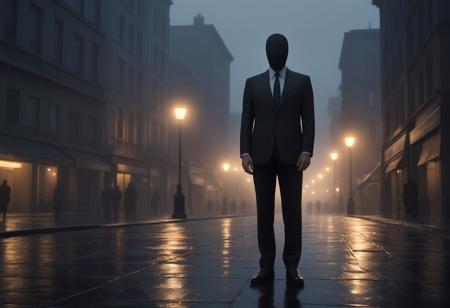 a highly detailed, cinematic, photorealistic photograph of a mysterious NoFace man, isolated against a dark, misty, urban cityscape at dusk, with soft, warm, golden streetlights casting an eerie glow on the wet pavement, capturing the essence of a film noir, the NoFace man's blank, expressionless face accentuated by a dark, fitted suit, crisp white shirt, and a slim, black tie, his skin a pale, porcelain-like complexion, with subtle, nuanced wrinkles and texture, the overall mood evoking a sense of mystery, intrigue, and subtle menace, with a shallow depth of field, blurring the background, and a subtle, cinematic grain, hinting at the nostalgia of traditional film photography.