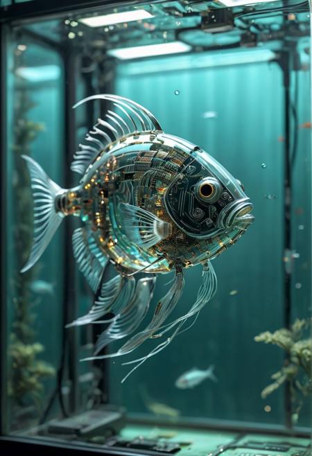Seven transparent fish made out of circuitboard, in a tank, side view, looks beautiful and aesthetic, an android robot feeding them, soothing, real picture