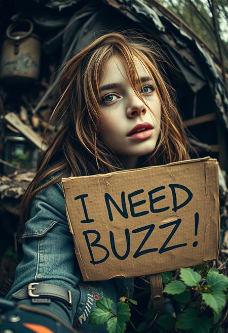 ”(masterpiece, intricate:1.3), (best quality, hires textures, high detail:1.2), golden theme, lora:Starry_Morph:1 starry_morph,woman in the wild, rotten aesthetics, comically exaggerated with a fisheye lens effect (12mm), very high resolution, decayed cardboard sign reading ‘I NEED BUZZ!’ placed near the scene, weathered textures, humorous yet gritty atmosphere, cinematic composition.”