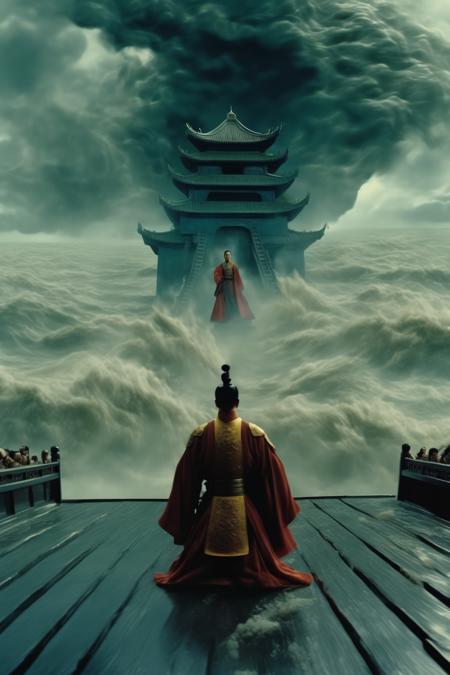 <lora:Director Zhang Yimou style:1>Director Zhang Yimou style - This is a scene from the movie (looking up), with the camera aimed at the Ming Dynasty Emperor of China (front) (close shot). The environment is in a fierce storm, where the emperor is crouching on a magnificent ship, kneeling on an inclined deck, praying to the sky in despair. The emperor is at the front, kneeling on the ground and raising his hands high up to the sky. A shining island appears in the sea, and the scene is filled with an atmosphere of despair and fear, There are huge waves shooting on the deck, CG illustration, wide angle, tilted frame (Dutch angle lens)