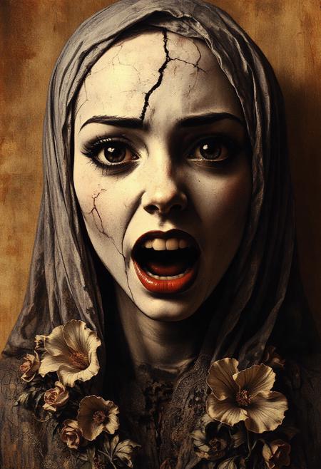 Create an intricately detailed, hyper-realistic portrait of an aging, cracking, and broken Victorian-era porcelain and paper-mache doll depicting a wise woman. A prominent crack with a hole adorns her forehead revealing a subtle glow inside the doll, adding an unsettling and eerie aura to her visage. Her eyes are completely black, resembling deep voids that seem to hold ancient secrets and untold stories. She is set against a backdrop of aged, yellowed parchment, its worn textures complementing her own decaying appearance. Her ornate, Victorian-inspired gown is adorned with delicate, hand-crafted paper flowers, their petals unfolding like tiny, intricate sculptures—some torn and weathered by time. Her mouth is open wide as if screaming.
The overall aesthetic blends Luis Royo's dark, mystical realism with Artgerm's meticulous attention to detail and H.P. Lovecraft's eerie, otherworldly sensibilities. Ambient light casts dramatic shadows across her face, accentuating the aging textures of the paper-mache and the luminous yet cracked porcelain-like skin. The delicate, swirling patterns of the gown's aged embroidery are highlighted, emphasizing the craftsmanship of a bygone era. Wisps of faded lace and frayed edges add to the haunting beauty of the scene. The atmosphere exudes haunting elegance and creeping unease, capturing the duality of beauty and decay in a single, mesmerizing image.