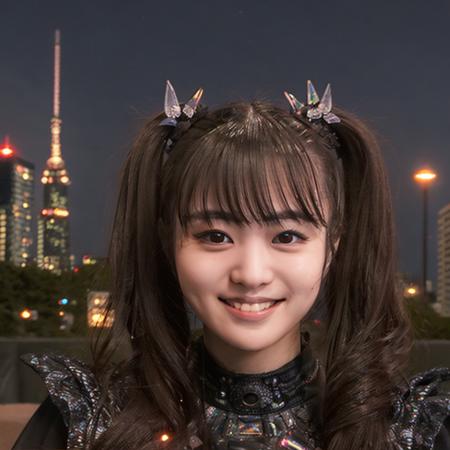 1girl,masterpiece, photorealistic, detailed, RAW color photo,(fully in frame:1.1),<lora:mo4kikuv4:0.95> young,idol, cute, twintails,black outfit, buildings around ,night, lamps,subtle smile