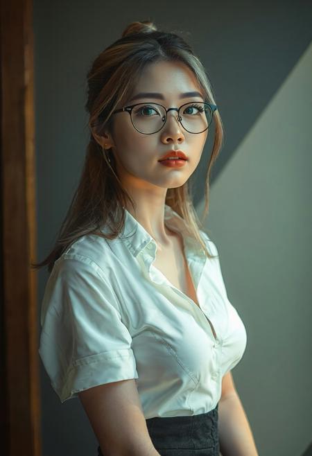 DLSR photograph, slender, beautiful extremely sexy 26 year old korean model . Pale skin, 
lighting<lora:MoriiMee_Gothic_Niji_Style_FLUX:0.3500000000000001> <lora:AsirAsianPhotographyflux:0.7000000000000002>
(masterpiece), (best quality), (ultra-detailed), amazing quality, very aesthetic, perfect composition, intricate details, illustration, absurdres, incredibly absurdres, shiny skin, realistic, volumetric lighting,
1girl, perfect face, soft facial features, detailed beautiful eyes, perfect anatomy, large breasts, luscious hair, eyelashes, tight clothing, athletic woman, perfect hands, juicy red lips, (slim),
25 year old Israeli secretary,
medium length hair, dirty blonde hair, tied hair, office lady outfit, nerdy, glasses, bra peek,
solo, (office:1.17),