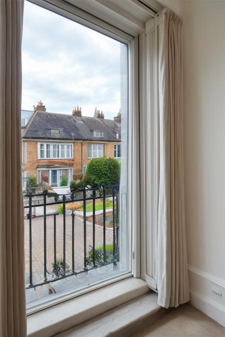 wide angle photo, ovfi, view through window, residential neighbourhood, bay windows, bedroom, london, <lora:buildings view from indoors_epoch_9:0.5>, <lora:add_detail:0.5>, RAW photo, 8k uhd, dslr, soft lighting, high quality, film grain, Fujifilm XT3, lr