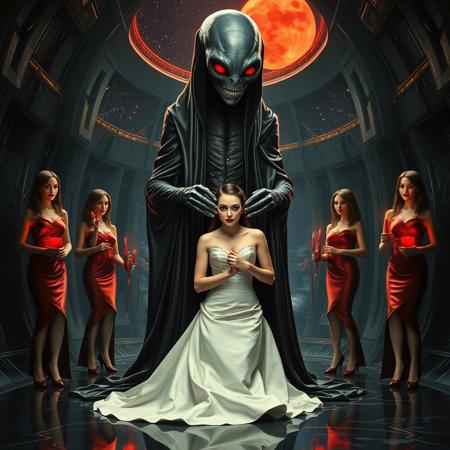 high-society elegant slender norvegian rich innocent young bride kneeling  from behind. She is ensnared by a towering, gray human-like alien, draped in a long, glossy black slime cloak, its eyes gleaming red with an otherworldly intensity.   its hands fastens steel slave collar  on her. Surrounded by strict ladies wearing  glossy satin dominatrix attire and glossy high heels,  holding red candles.   weird wet-look black slime  walls and floor, colossus observation blister to outer space full of stars, bright red moon, vintage-inspired makeup, long hairs, ultra thin waist, evil grin, porcelain skin, lipstick, red nails, in the style of a haunting, retro-futuristic 1950s sci-fi nightmare, horror, alien space base,,