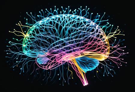 A futuristic visualization of a glowing human brain with neural connections made of tiny neon glass filaments in vibrant hues of blue, pink, and yellow. Each neural pathway pulses with dynamic light, creating an intricate network of flowing energy. The brain appears suspended in a dark, abstract space with subtle mist and floating particles, enhancing the sense of depth and movement. The filaments glow with a soft yet radiant intensity, casting a surreal luminescent aura. The mood is high-tech, innovative, and mesmerizing, blending science and art. w0gf1l