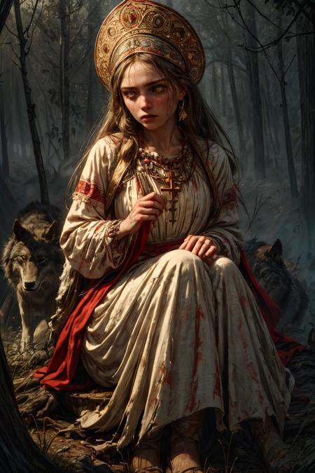 (RAW photo, 8k uhd, Analog style, Masterpiece, Best Quality, Highres:1.4), (dramatic, cinematic:1.2), BREAK,
movie shot of (cute young:1.2) girl wearing (russian:1.2) (white:1.1) (open (torn:1.1) (long:1.1) dress:1.25), (small kokoshnik headwear:1.25), (circlet:1.25), (tired pose:1.2), (messy (very long:1.1) hair:1.15), (dirty skin:1.2), (dirty clothes:1.15), (looking down:1.3), (head tilt:1.2), (surrounded by wolves:1.3), (sitting:1.3) (on stump:1.25) in (overgrown dence deep forest:1.2), ((ornate:1.15), traditional ornamented (red frills:1.1):1.1), (sad face:1.15), (cross necklace:1.1), BREAK,
(giant old trees:1.3), moon moonlight, (outdoors, fireflies:1.1), (tired:1.2), (gloomy, scary, eerie dark night:1.3), (photorealistic:1.2), (intricate details:1.3), (mysterious, fabulous, fantasy, mystical, eerie, gloomy:1.3), (desaturated, cold lighting:1.2), medieval peasant, ((russian peasant clothes, traditional russian, slavic folk art:1.1), By Andrey Shishkin:1.2), (hyperdetailed, absurdres:1.2), BREAK,
<lora:more_details:1.0>,
<lora:sxz-slavic-fantasy-v1:0.7>,
<lora:zoom_slider_v1:4.2>,