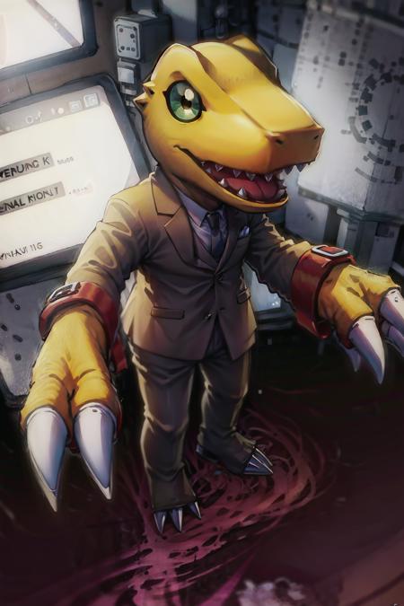 masterpiece, 8K, best quality,  agumon , wearing a suit, in a office <lora:Agumon:1>