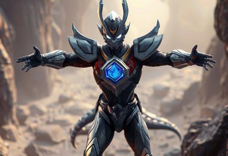 Ultraman-inspired Dragonox warrior, Mystic Mine backdrop. Gray & black armor, blue chest gem. Dynamic pose, outstretched arms, intense eyes. Trending on Artstation, isometric view, splash ink illustration, octane render, Unreal Engine 5, Raphael style, Houdini style, captivating lighting, golden ratio, CGSociety, 4k, detailed face, vivid emotions.