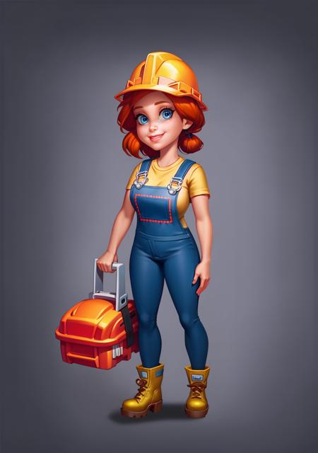 European and American cartoon, game character, original design, 1girl, solo, overalls, blue eyes, hard hat, boots, shirt, helmet, short hair, smile, full body, orange shirt, brown footwear, looking at the audience, standing, yellow tiara, short sleeves, freckles, hat, holding, gray background, pants, denim, red hair<lora:CG Game ouka:1>