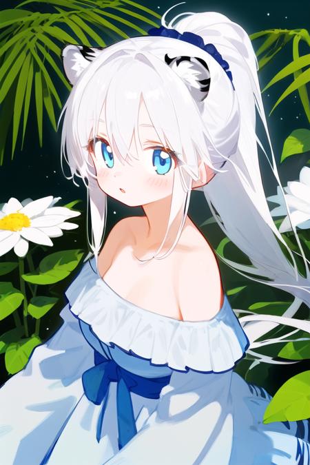 young female, appealing, white hair, long hair, off-shoulder, light blue eye, flower on head, ponytail, tiger theme