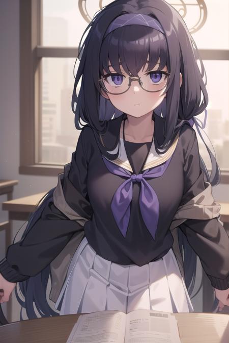 uikozeki, <lora:uikozeki-lora-nochekaiser:1>,
ui kozeki, bags under eyes, black hair, (purple eyes:1.5), glasses, halo, long hair, red-framed eyewear,
BREAK black pantyhose, black undershirt, blue hairband, blue neckerchief, brown cardigan, brown sweater, cardigan, hairband, long sleeves, messy hair, neckerchief, pantyhose, sailor collar, school uniform, serafuku, sweater, white sailor collar, white serafuku, skirt, long skirt,
BREAK looking at viewer,
BREAK indoors, classroom,
BREAK <lyco:GoodHands-beta2:1>, (masterpiece:1.2), best quality, high resolution, unity 8k wallpaper, (illustration:0.8), (beautiful detailed eyes:1.6), extremely detailed face, perfect lighting, extremely detailed CG, (perfect hands, perfect anatomy),