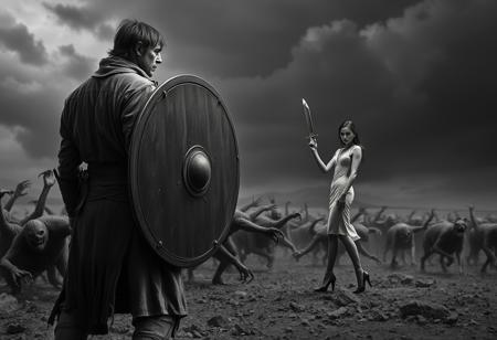 In a desolate, monochromatic landscape, a weary man faces left, his large, battle-scarred shield raised to defend against a horde of ghoulish creatures clawing at him. The man is unarmed and focused entirely on defense, his tattered clothing showing the scars of countless battles. Just behind him, a much smaller female figure, dressed in fine, elegant clothing and high heels, stands unnoticed by the man. Her expression is filled with spite and anger as she quietly prepares to plunge a gleaming dagger into his back, ready to betray him. The scene is highly detailed and photorealistic, with the only vivid color coming from the reflective dagger, contrasting against the bleak monochrome surroundings.