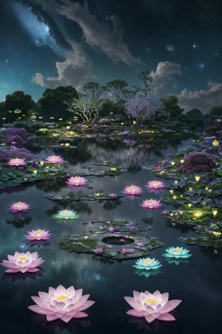 an alien-like garden under a starlit sky, glowing crystal trees, floating lotus-shaped islands, ancient stone paths winding through luminous flowers, soft pastel nebula clouds above, reflections in still water pools, sacred peaceful energy, surreal and dreamy atmosphere, photo-real quality with fantasy lensing, ultra-HD