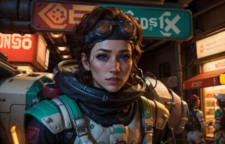 masterpiece,  best quality, 
(solo), 1girl, look sideways, dim light, 
Horizon_\(apex legends\), goggles, blue eyes, brown hair, old western style,  headwear, (freckles:0.5), 
(science_fiction), outdoors, street, neon lights, cyberpunk,